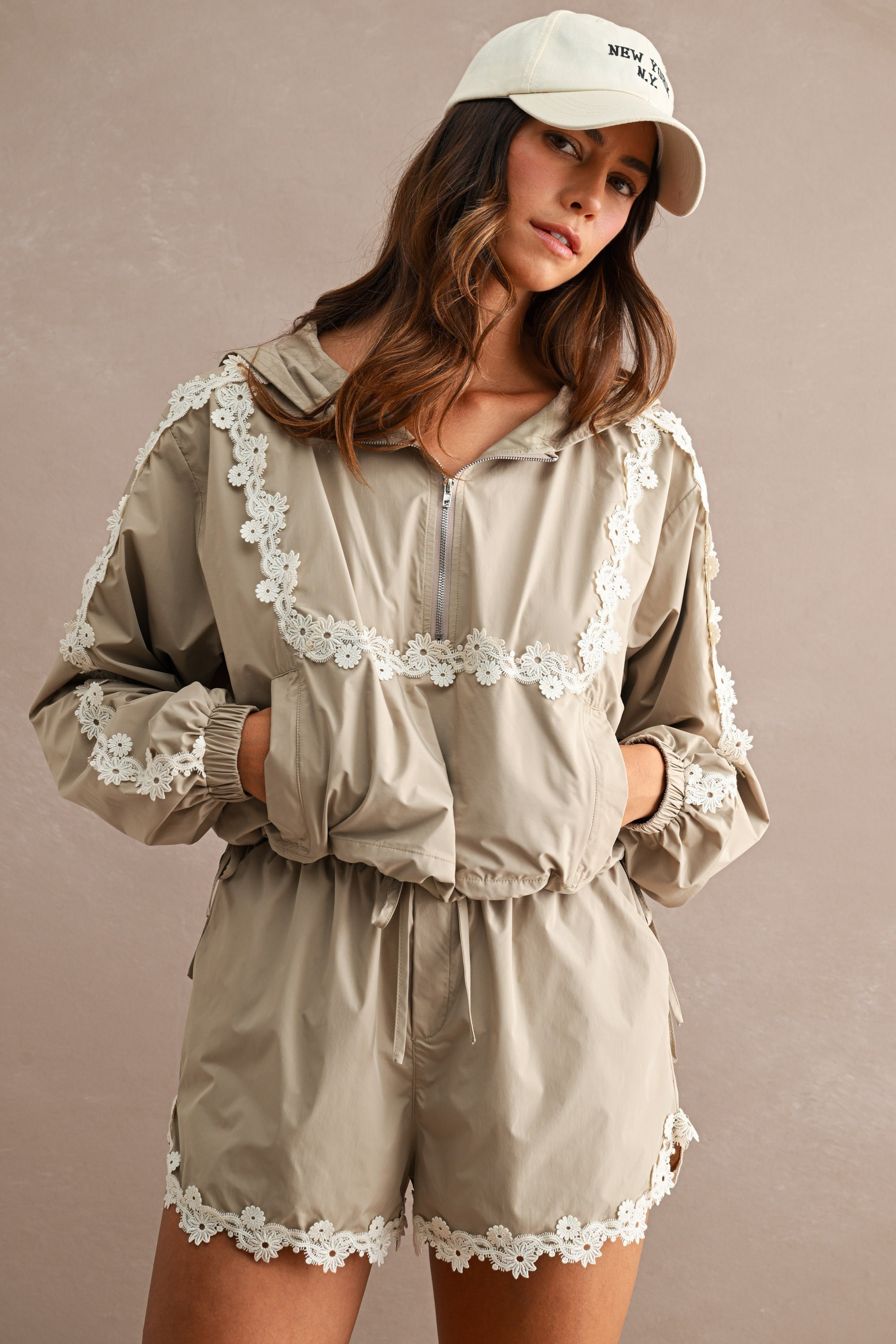 Hood Half Zip Up Lace Trim Windbreaker Jacket And Shorts Set