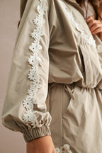 Hood Half Zip Up Lace Trim Windbreaker Jacket And Shorts Set