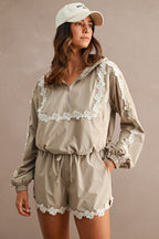 Hood Half Zip Up Lace Trim Windbreaker Jacket And Shorts Set