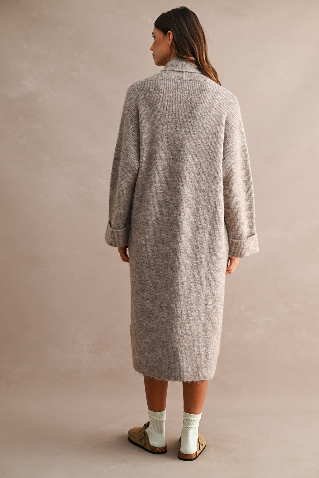 Solid Longline Open Front Knit Cardigan (Lt Mocha)