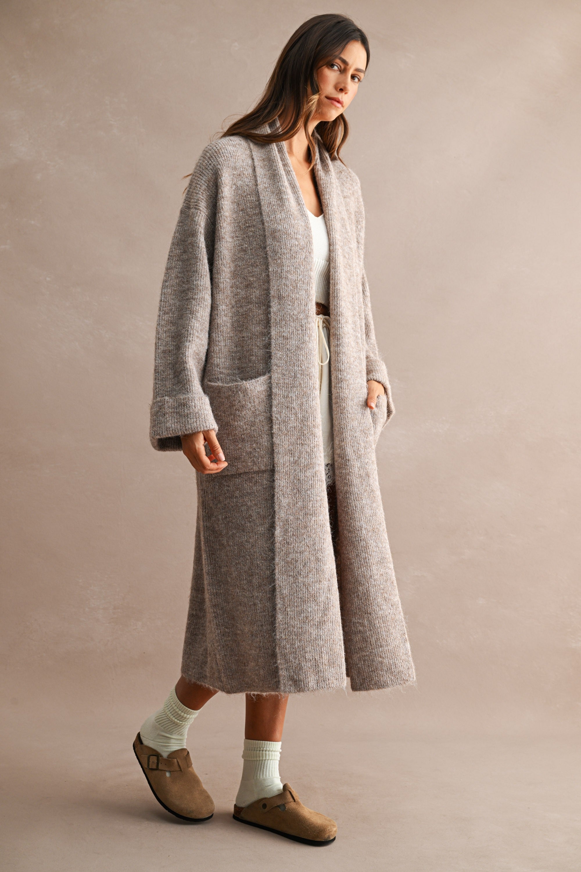 Solid Longline Open Front Knit Cardigan (Lt Mocha)