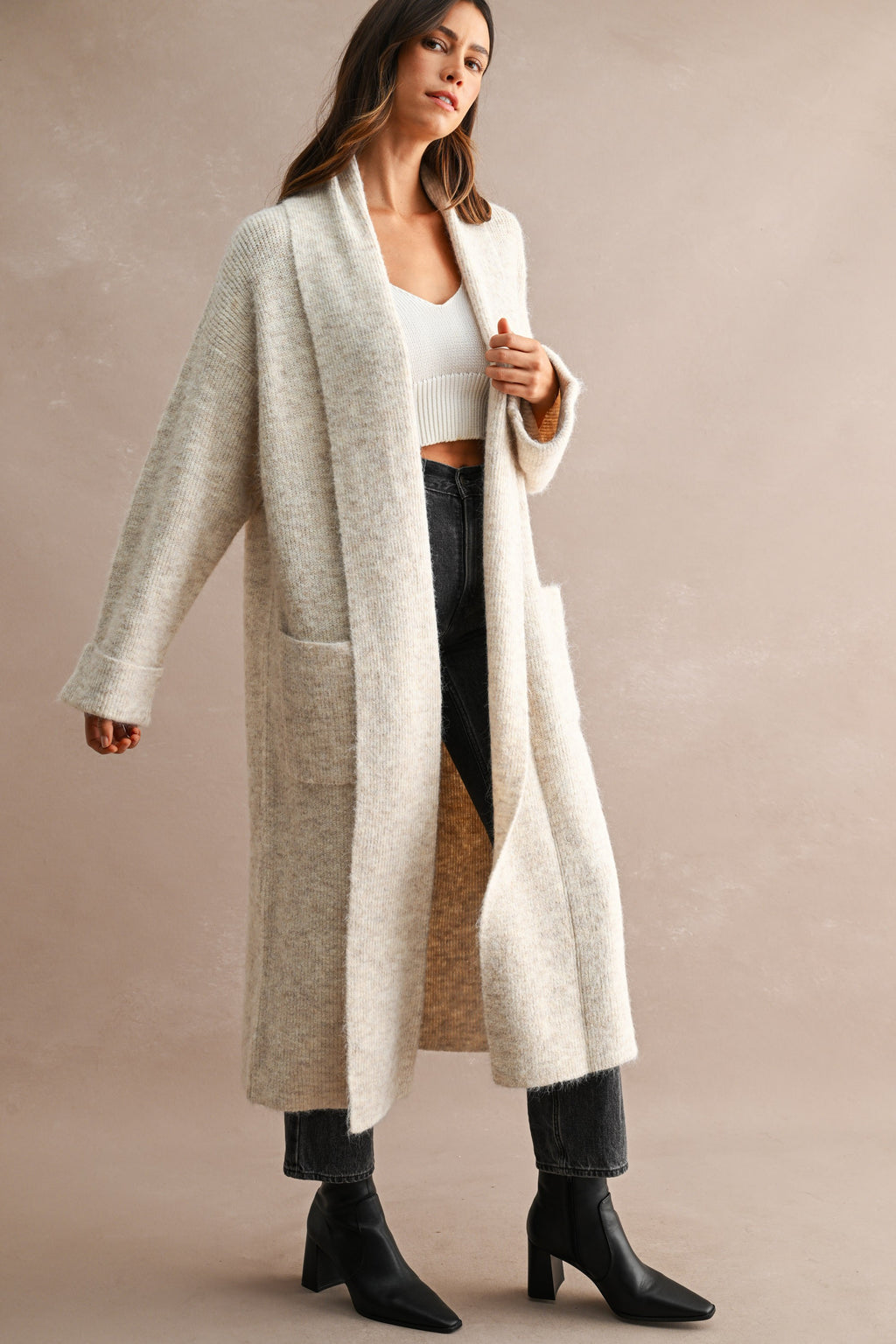 Solid Longline Open Front Knit Cardigan (Lt Taupe)