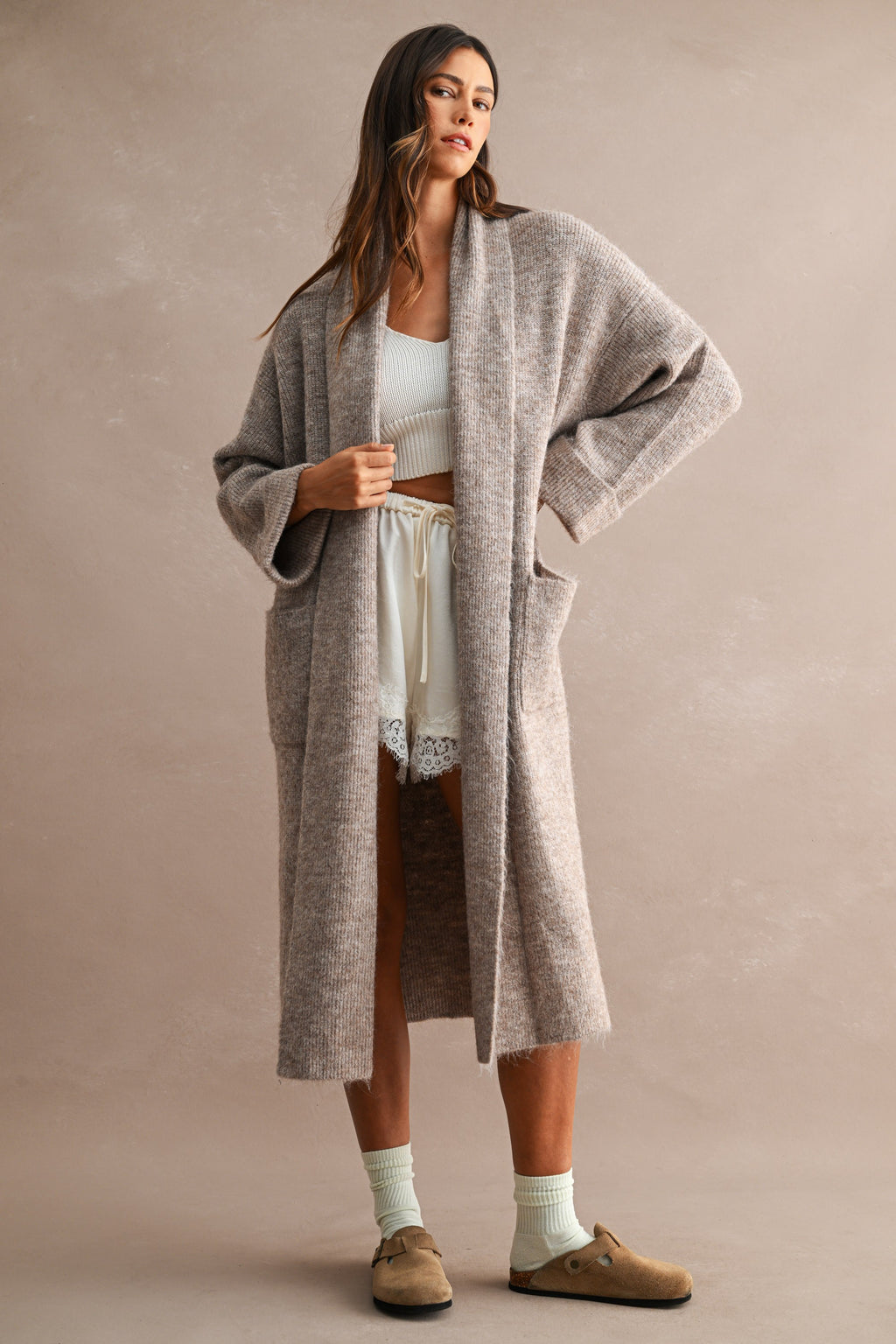 Solid Longline Open Front Knit Cardigan (Lt Mocha)