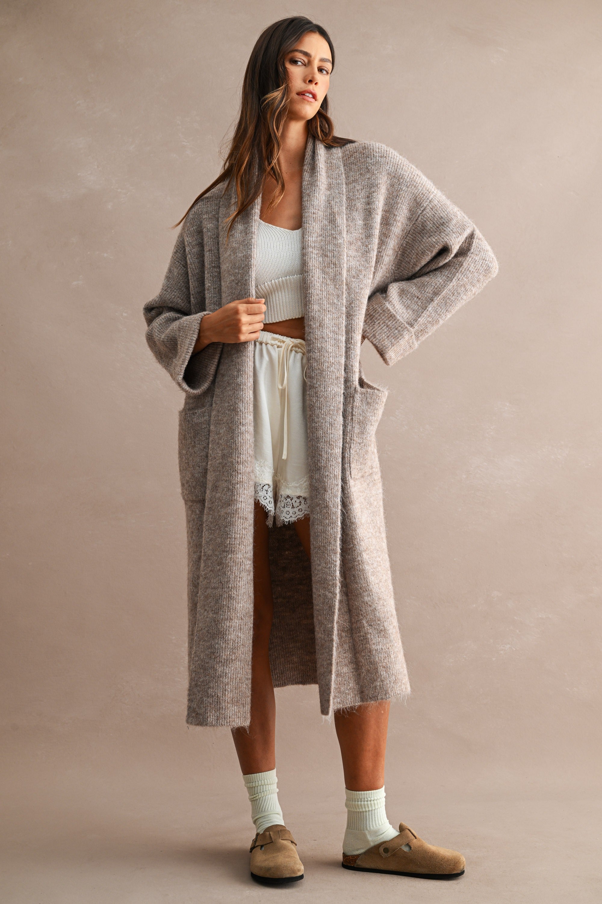 Solid Longline Open Front Knit Cardigan (Lt Mocha)