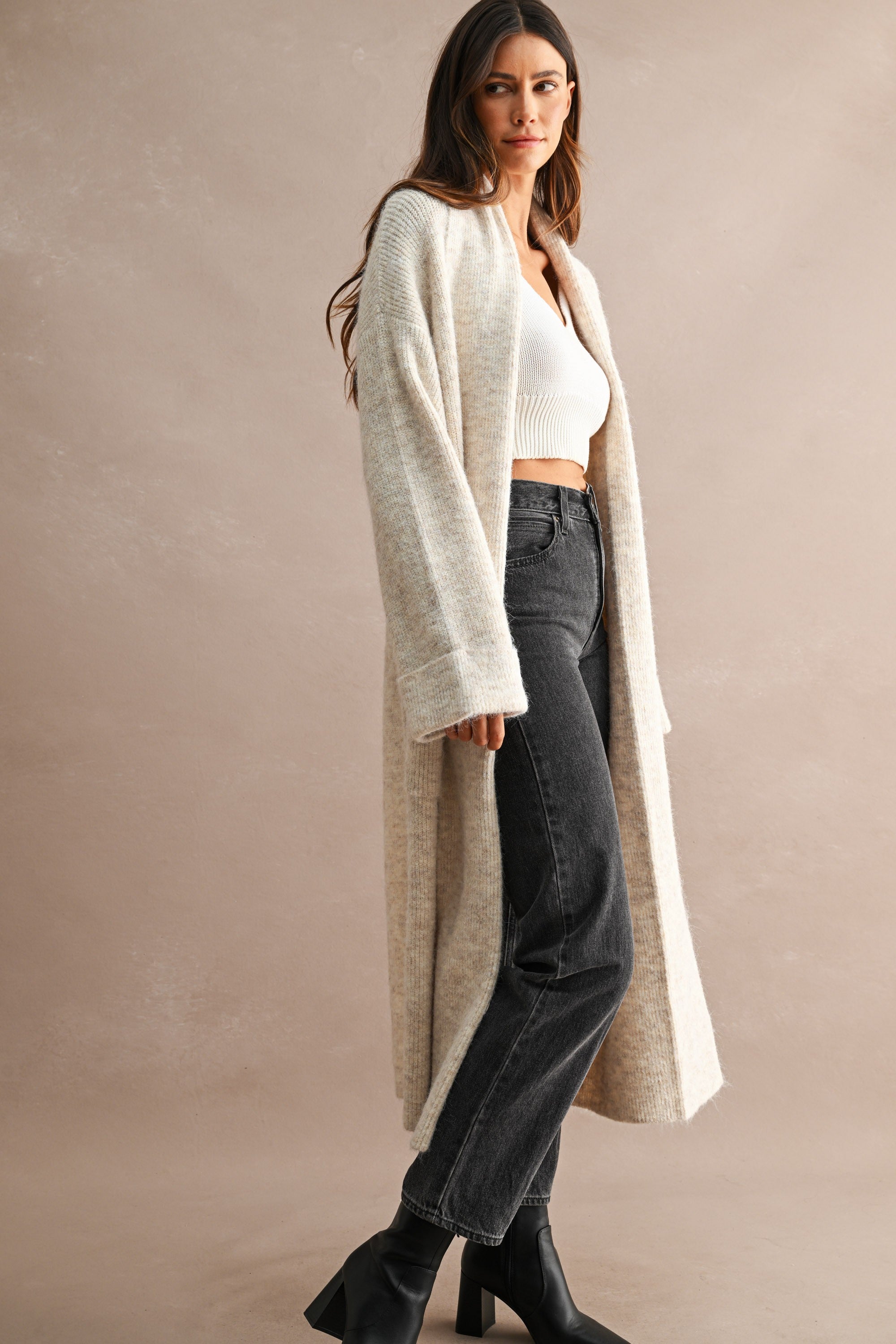 Solid Longline Open Front Knit Cardigan (Lt Taupe) Secondary image
