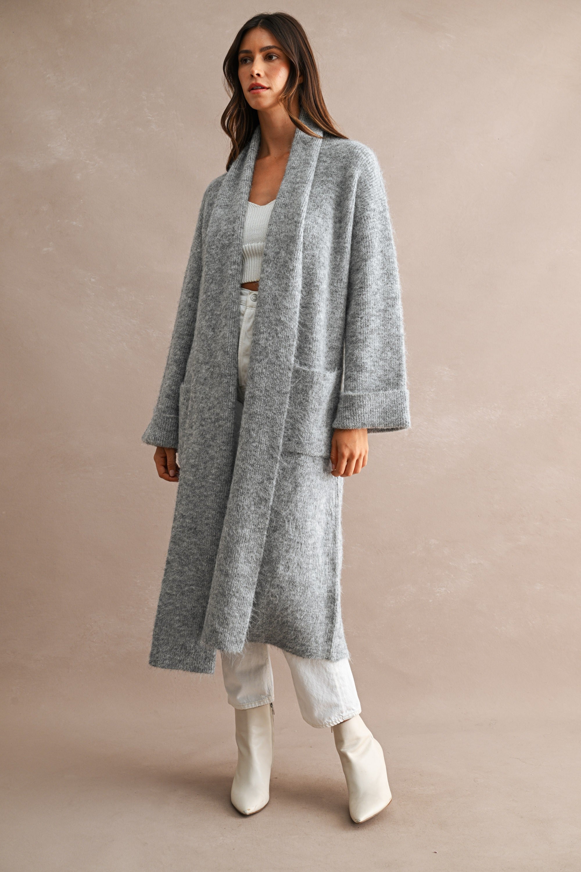 Solid Longline Open Front Knit Cardigan (H Grey) Secondary image