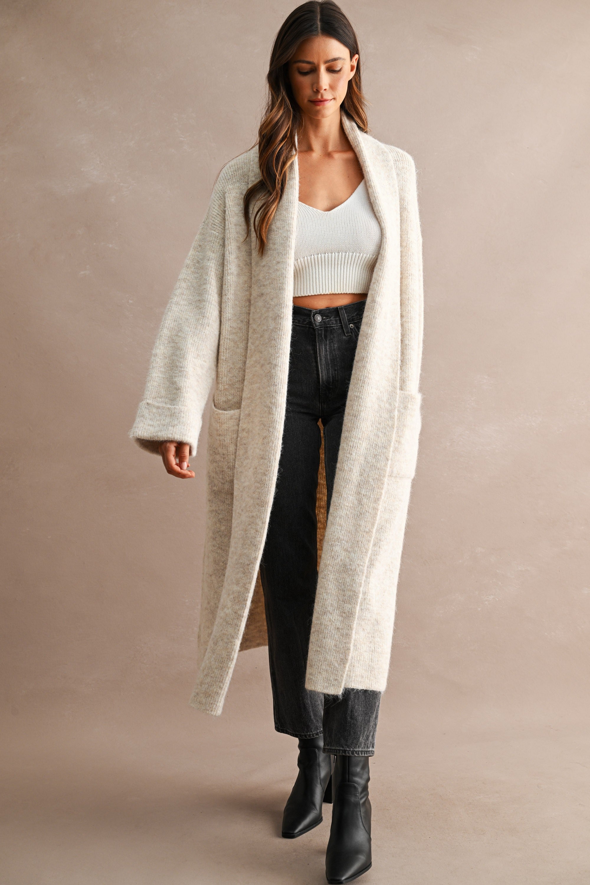 Solid Longline Open Front Knit Cardigan (Lt Taupe)