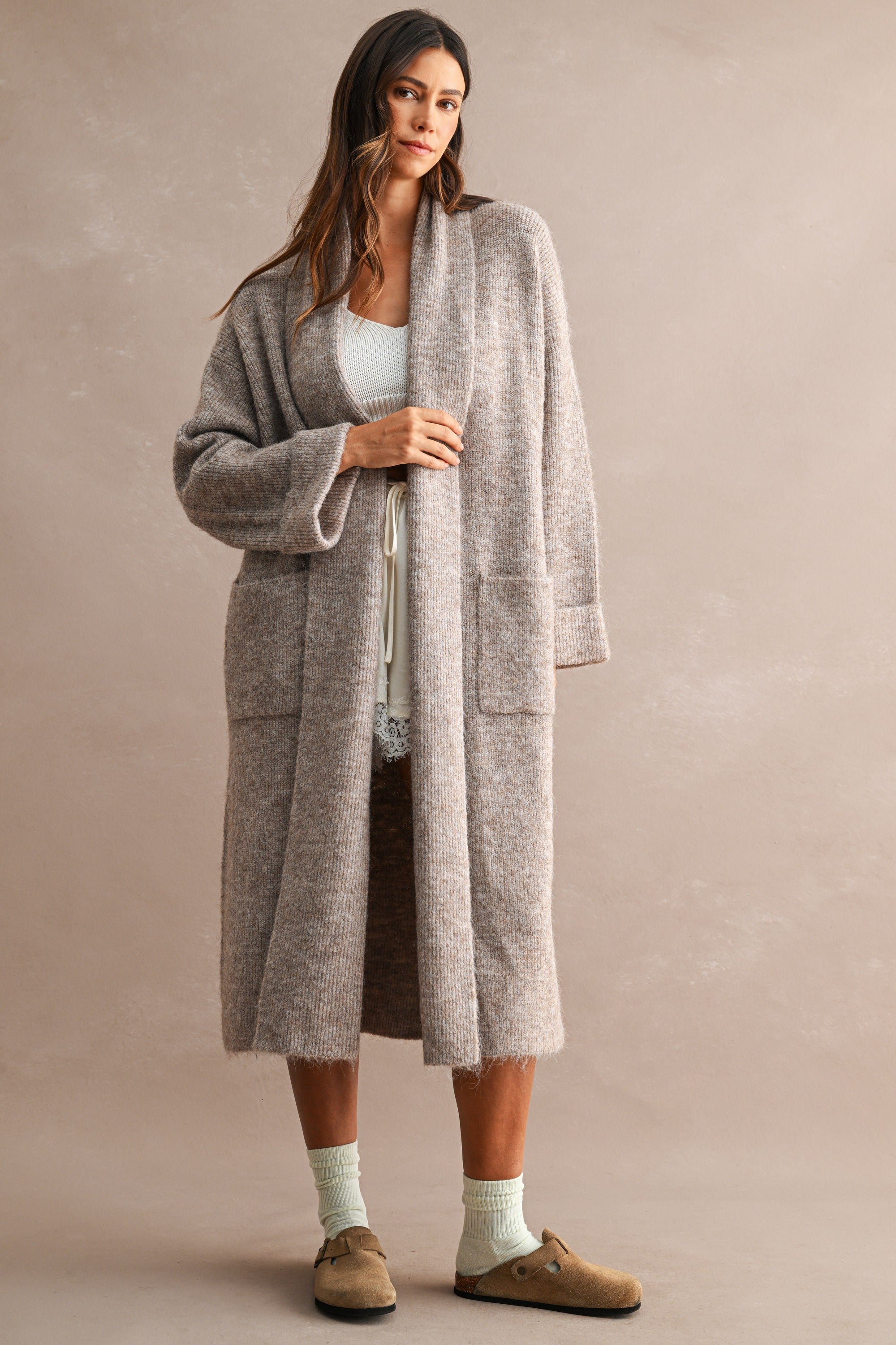 Solid Longline Open Front Knit Cardigan (Lt Mocha) Secondary image