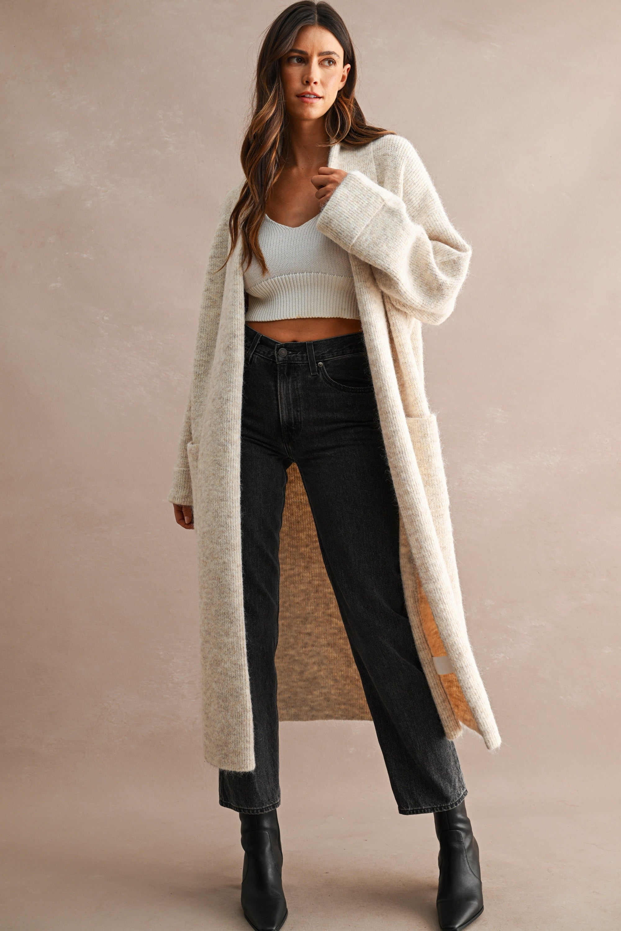 Solid Longline Open Front Knit Cardigan (Lt Taupe)