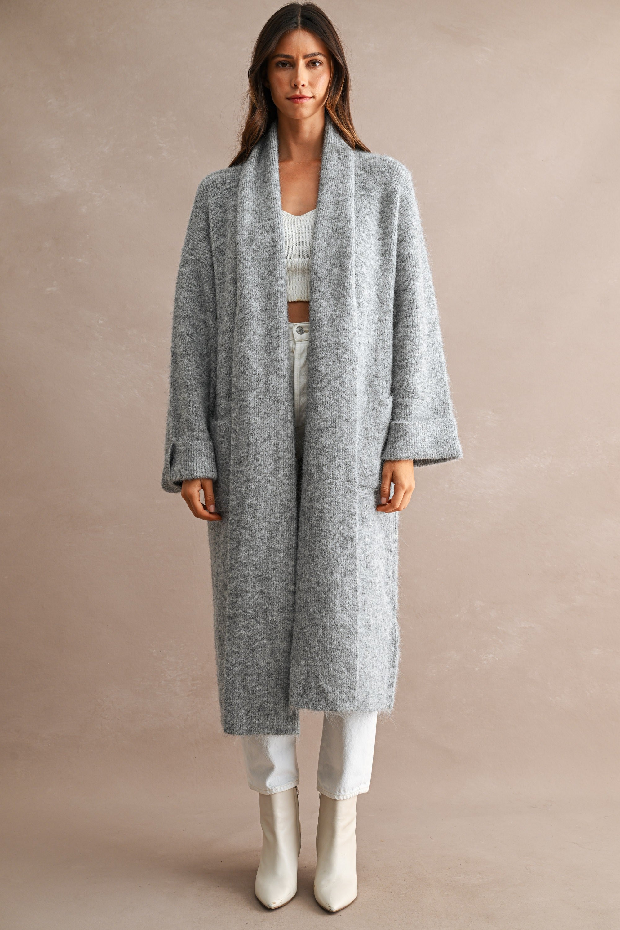Solid Longline Open Front Knit Cardigan (H Grey) Main image