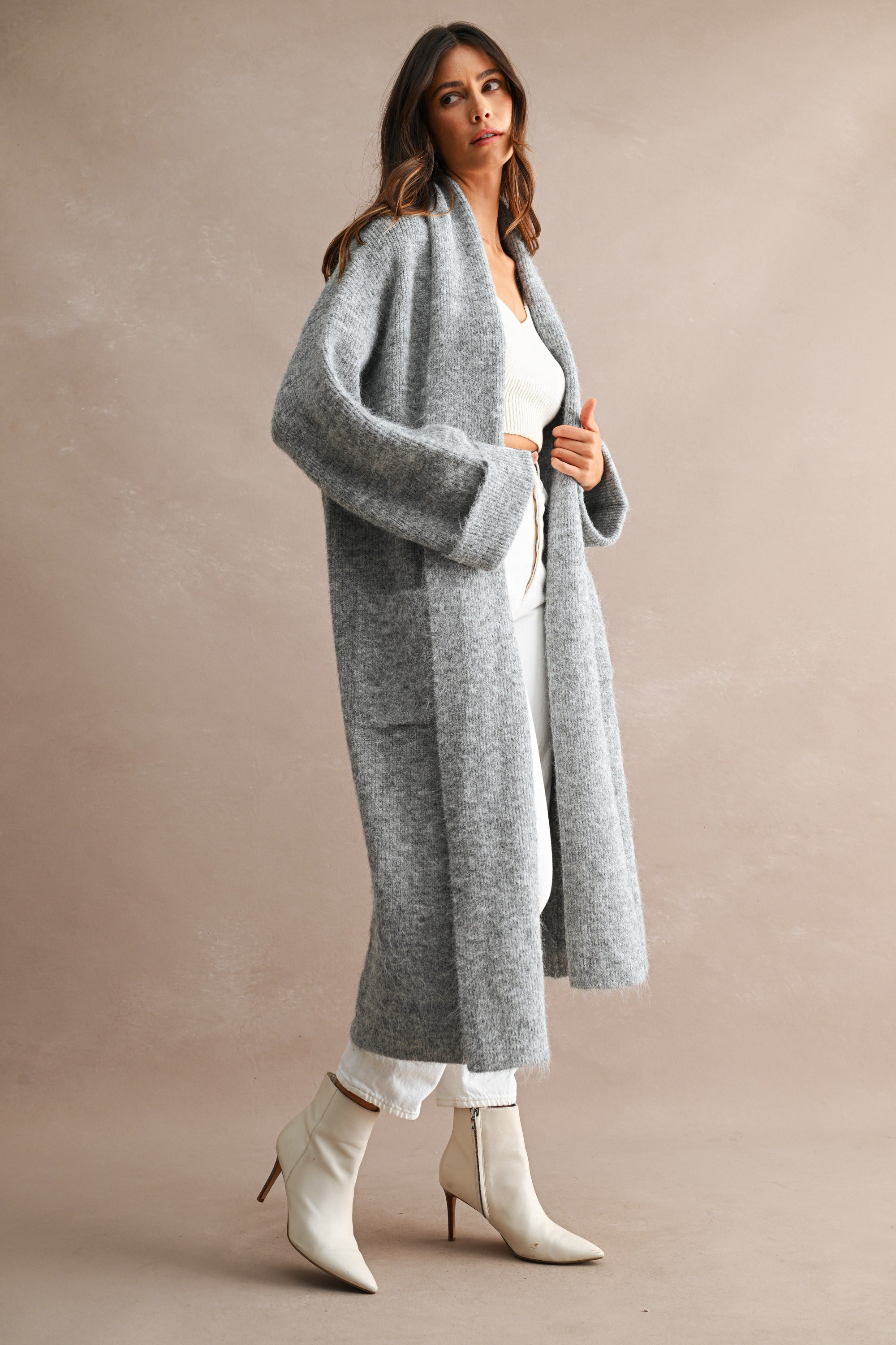 Solid Longline Open Front Knit Cardigan (H Grey)