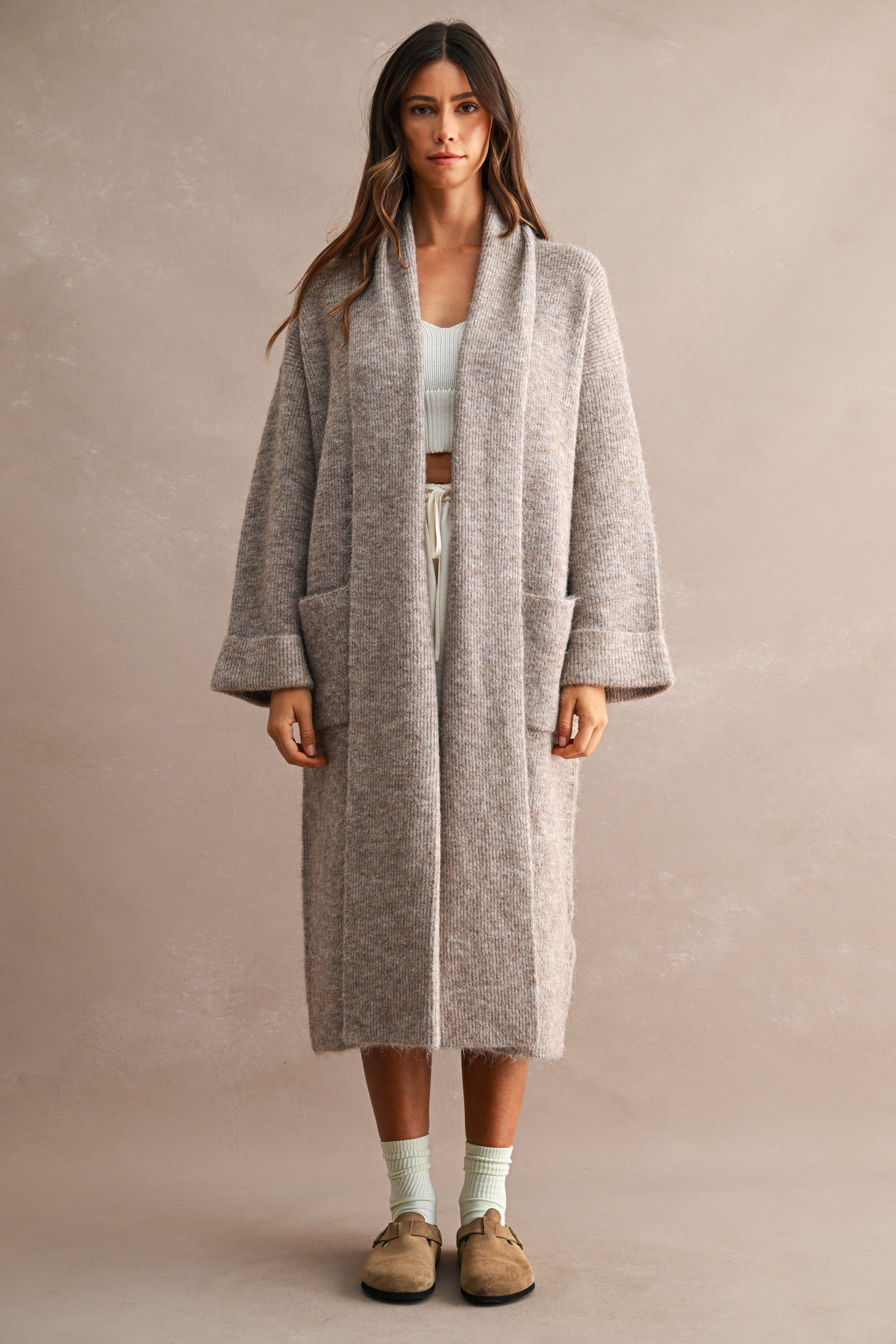 Solid Longline Open Front Knit Cardigan (Lt Mocha)