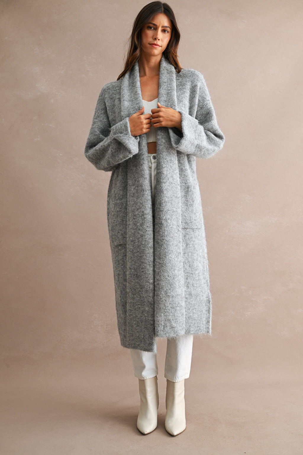 Solid Longline Open Front Knit Cardigan (H Grey)