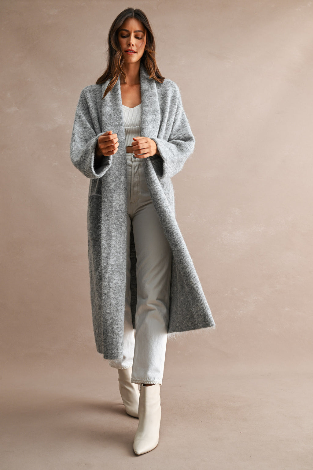 Solid Longline Open Front Knit Cardigan (H Grey)