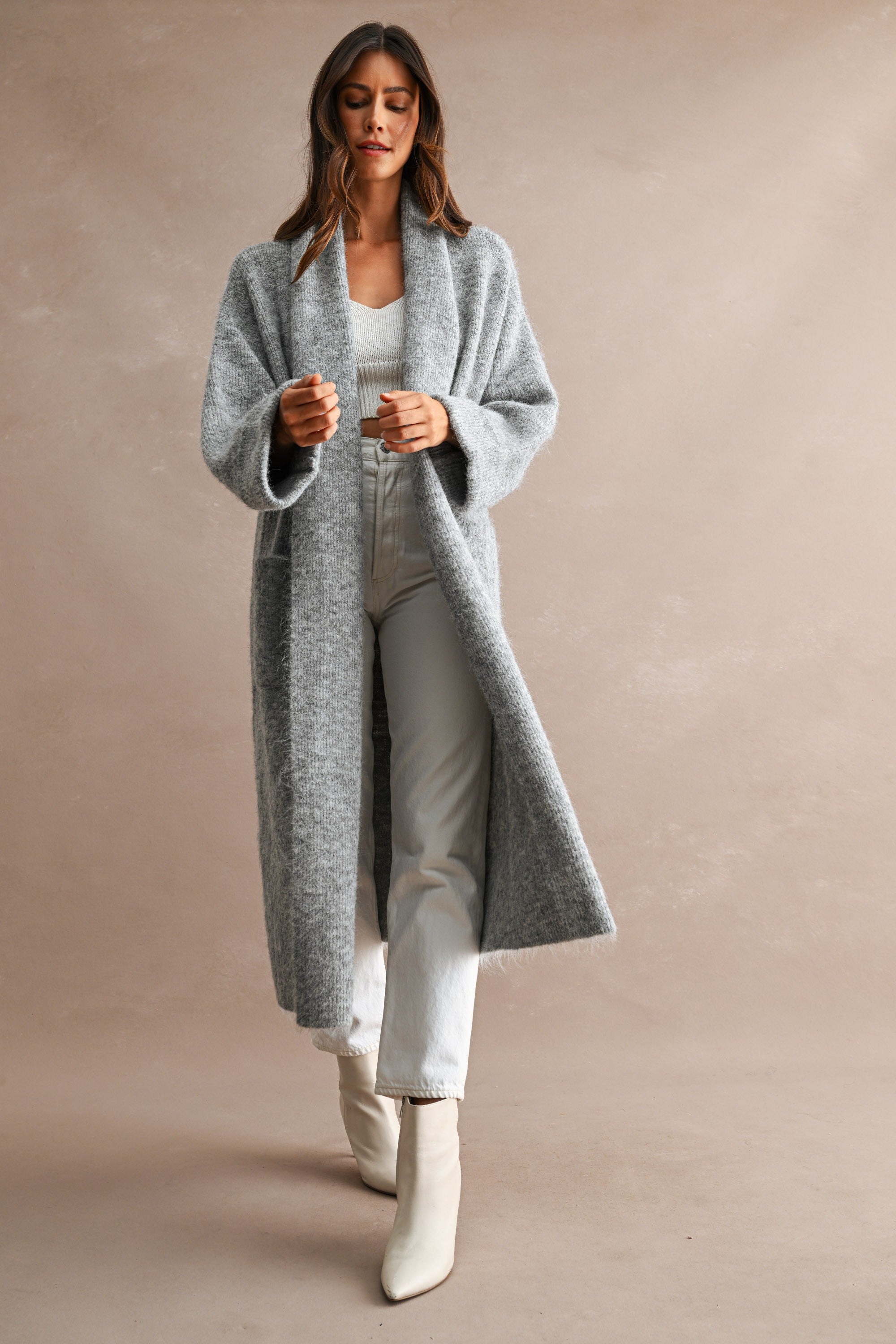 Solid Longline Open Front Knit Cardigan (H Grey)