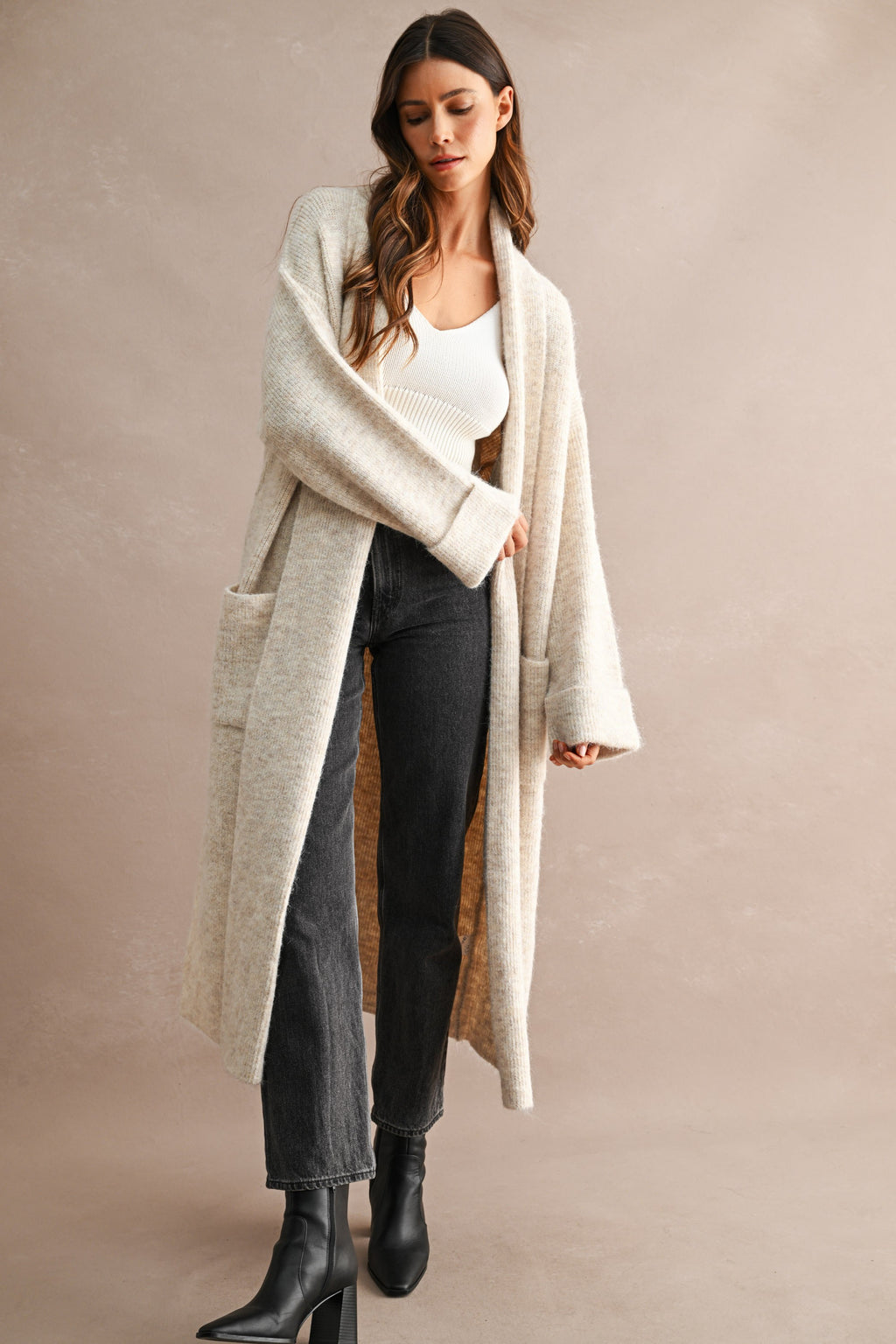 Solid Longline Open Front Knit Cardigan (Lt Taupe)