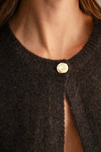Open Front Knit Single Button Closure Fringe Trim Cardigan