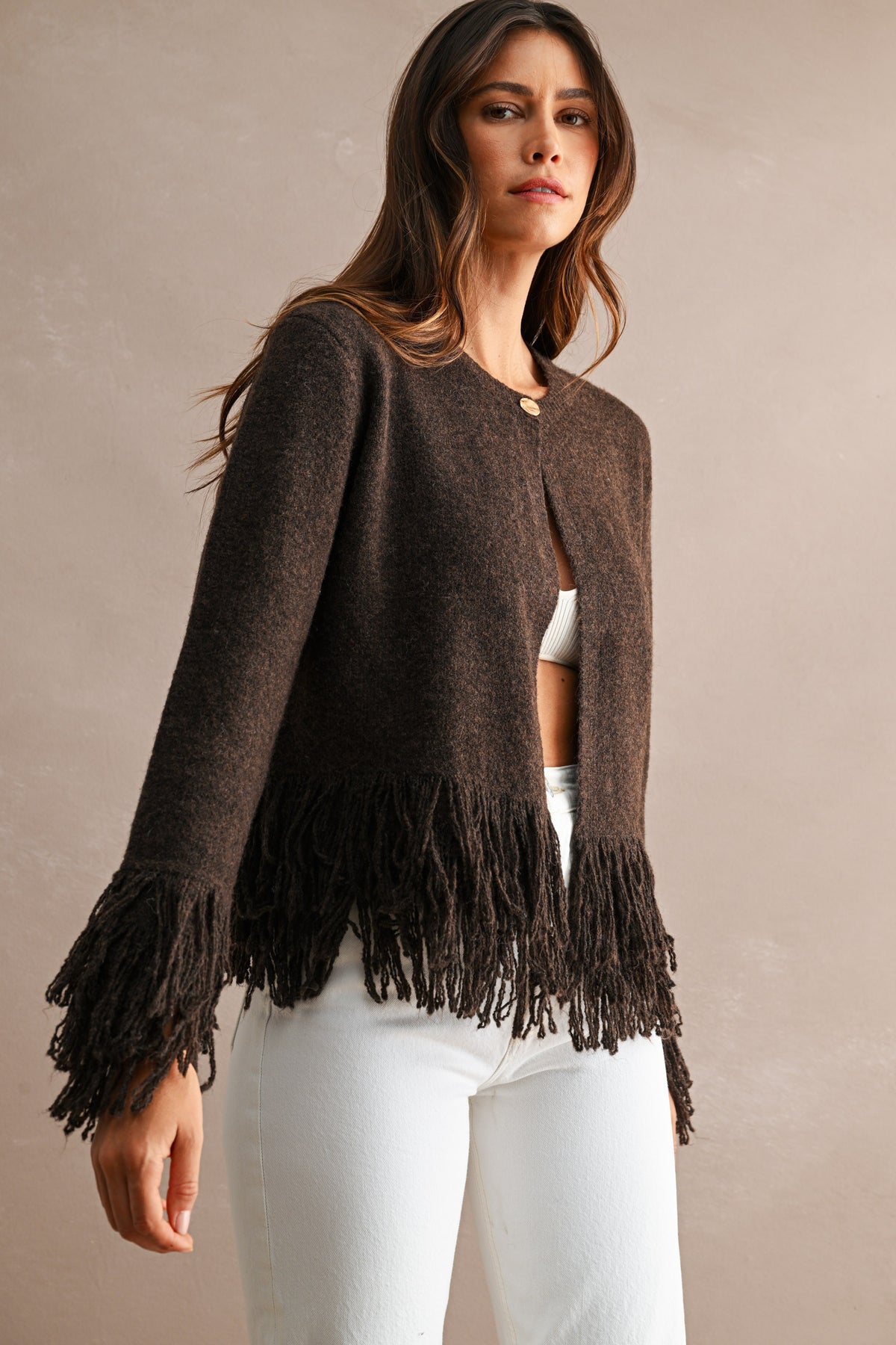 Open Front Knit Single Button Closure Fringe Trim Cardigan