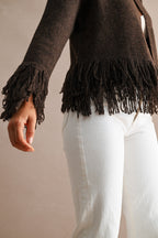 Open Front Knit Single Button Closure Fringe Trim Cardigan