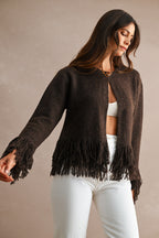 Open Front Knit Single Button Closure Fringe Trim Cardigan