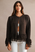Open Front Knit Single Button Closure Fringe Trim Cardigan