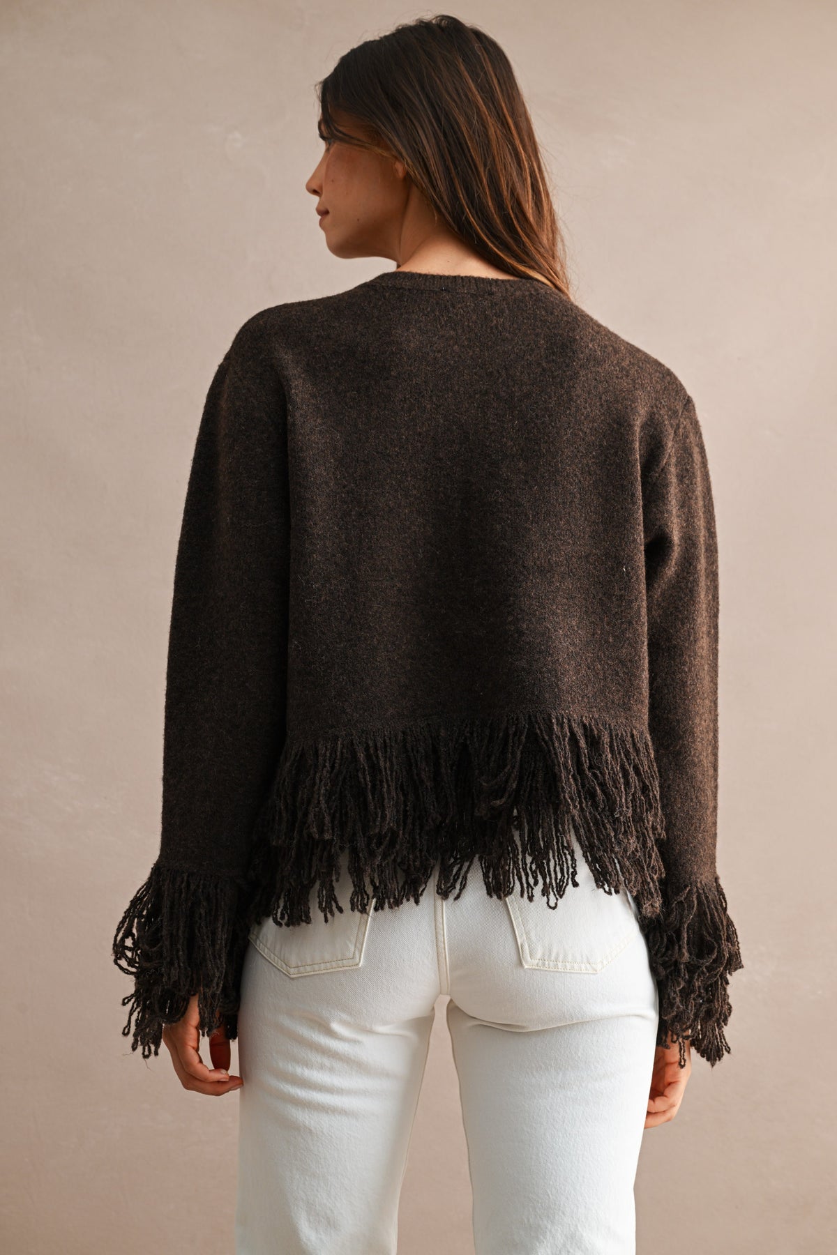 Open Front Knit Single Button Closure Fringe Trim Cardigan