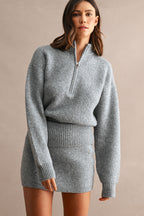 Half-Zip Sweater & Mini Skirt Set (Heather Grey)