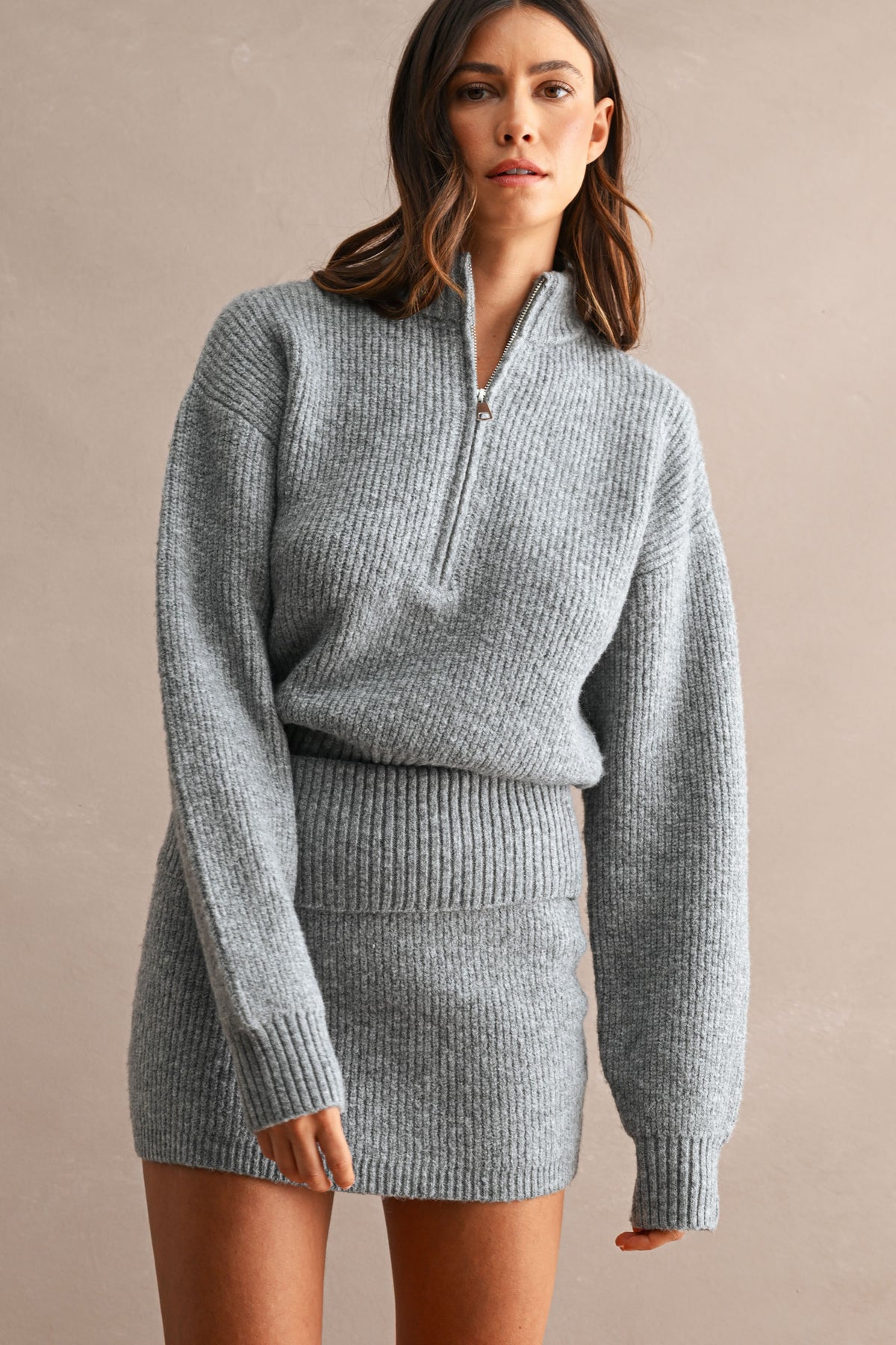 Half-Zip Sweater & Mini Skirt Set (Heather Grey)