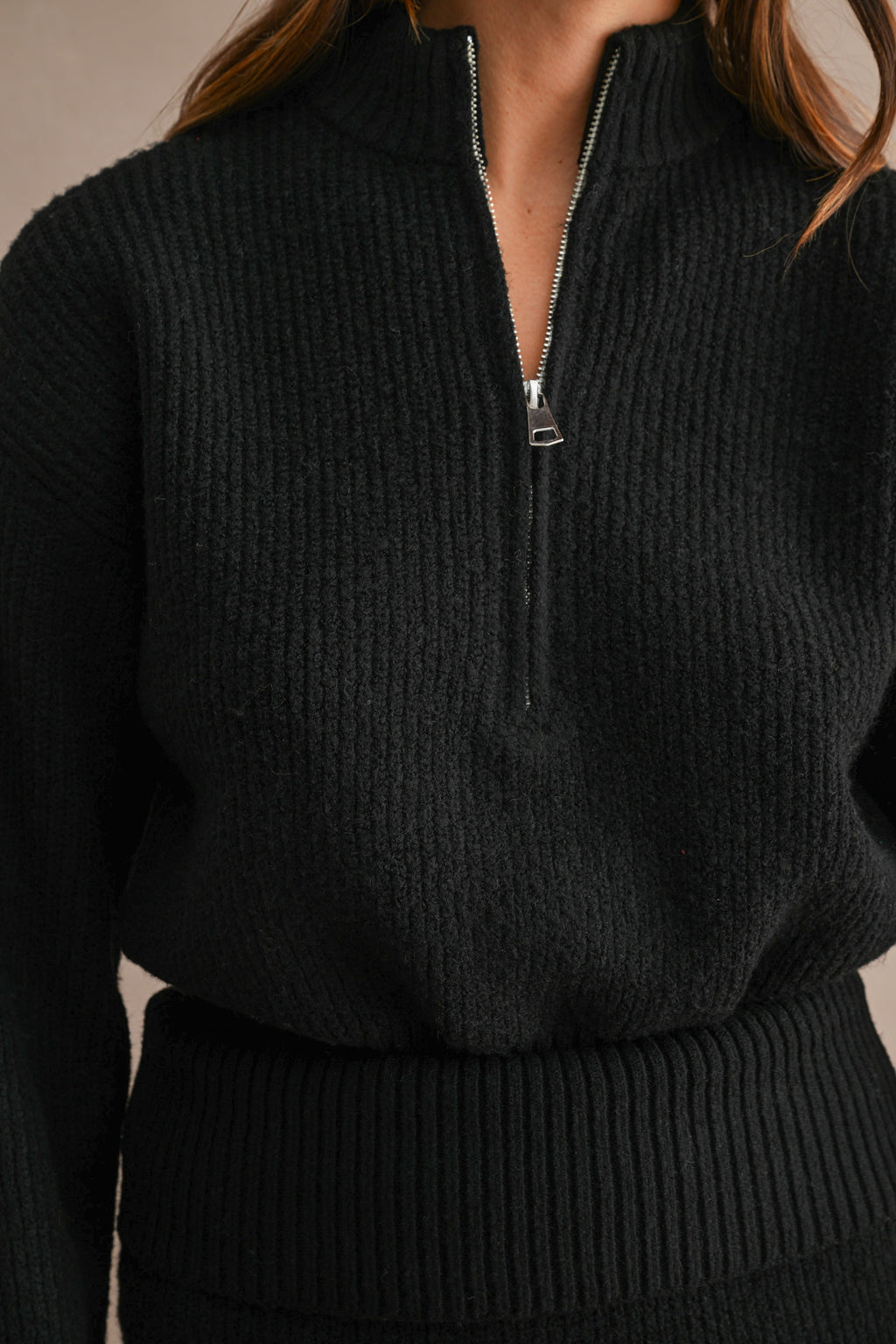 Half-Zip Sweater & Mini Skirt Set (Black)