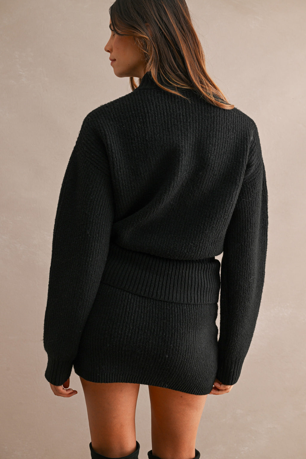 Half-Zip Sweater & Mini Skirt Set (Black)