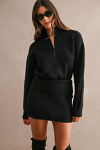 Half-Zip Sweater & Mini Skirt Set (Black)