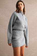 Half-Zip Sweater & Mini Skirt Set (Heather Grey)