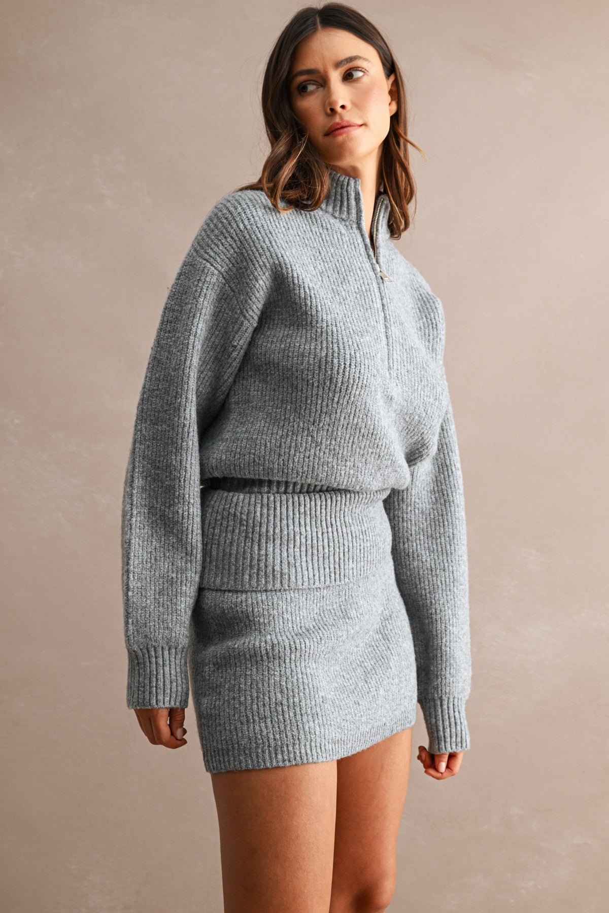 Half-Zip Sweater & Mini Skirt Set (Heather Grey)