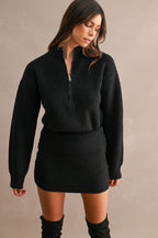 Half-Zip Sweater & Mini Skirt Set (Black)