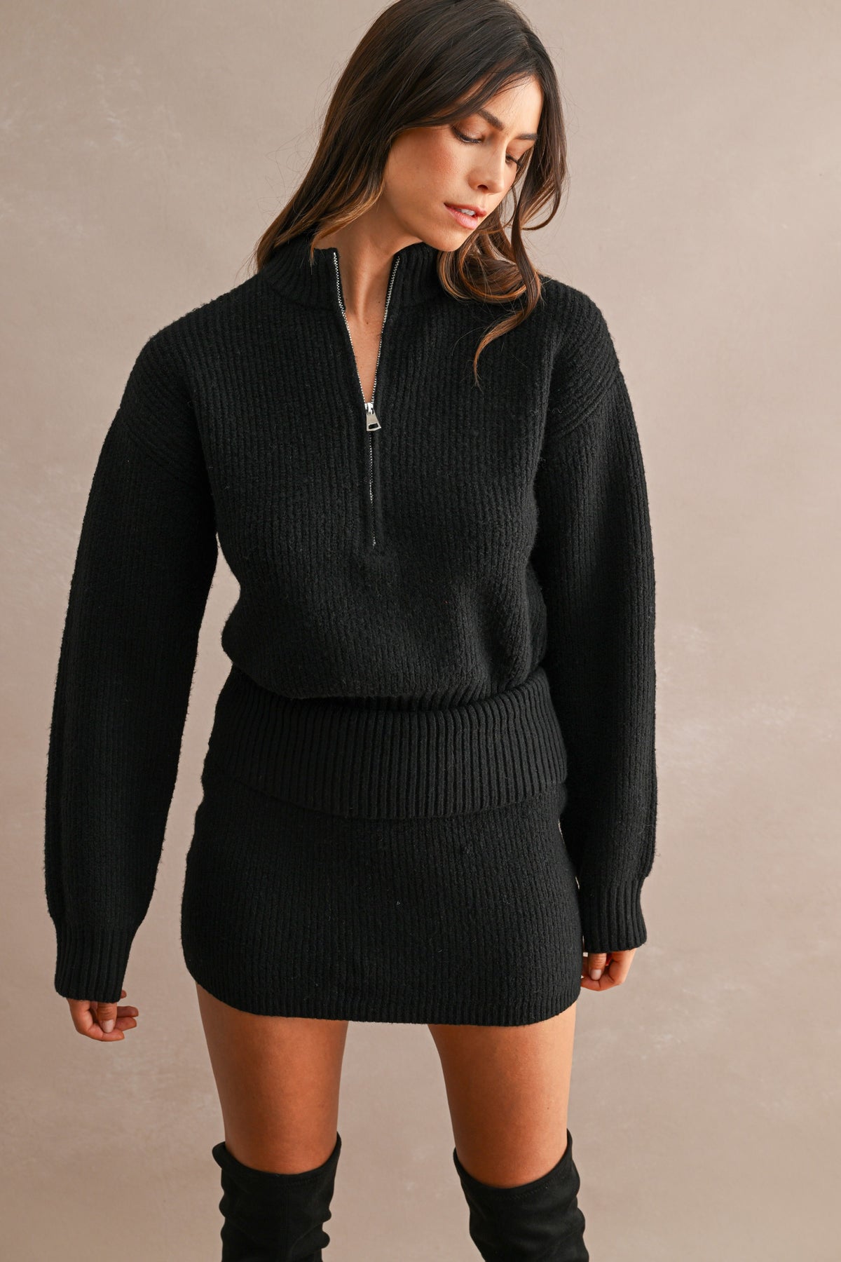 Half-Zip Sweater & Mini Skirt Set (Black)