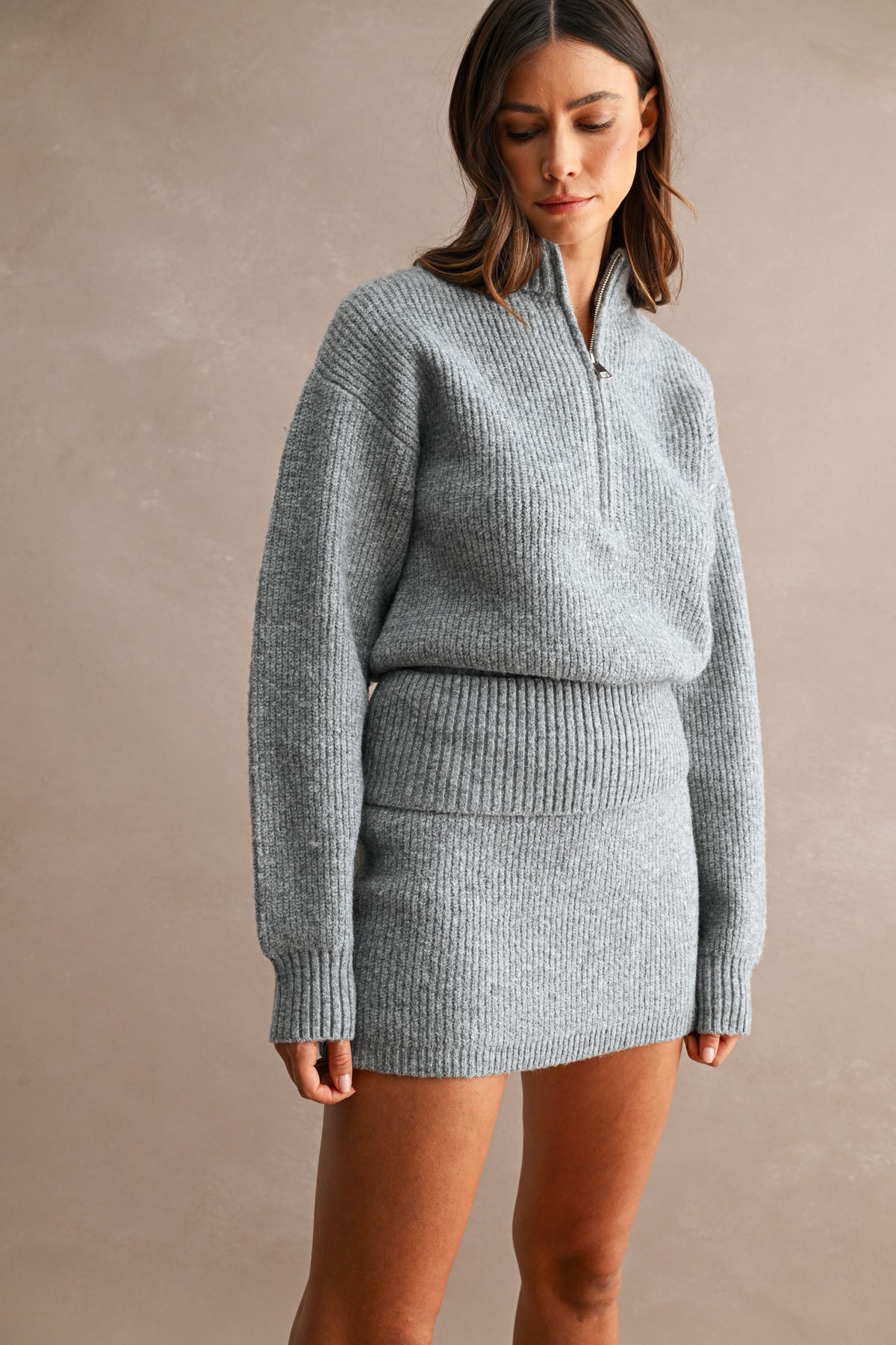 Half-Zip Sweater & Mini Skirt Set (Heather Grey)