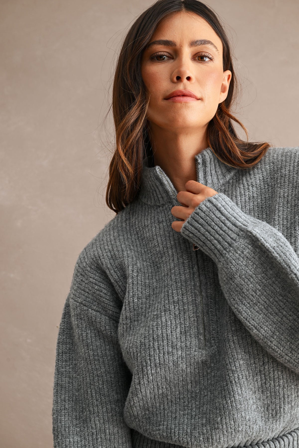 Half-Zip Sweater & Mini Skirt Set (Heather Grey)