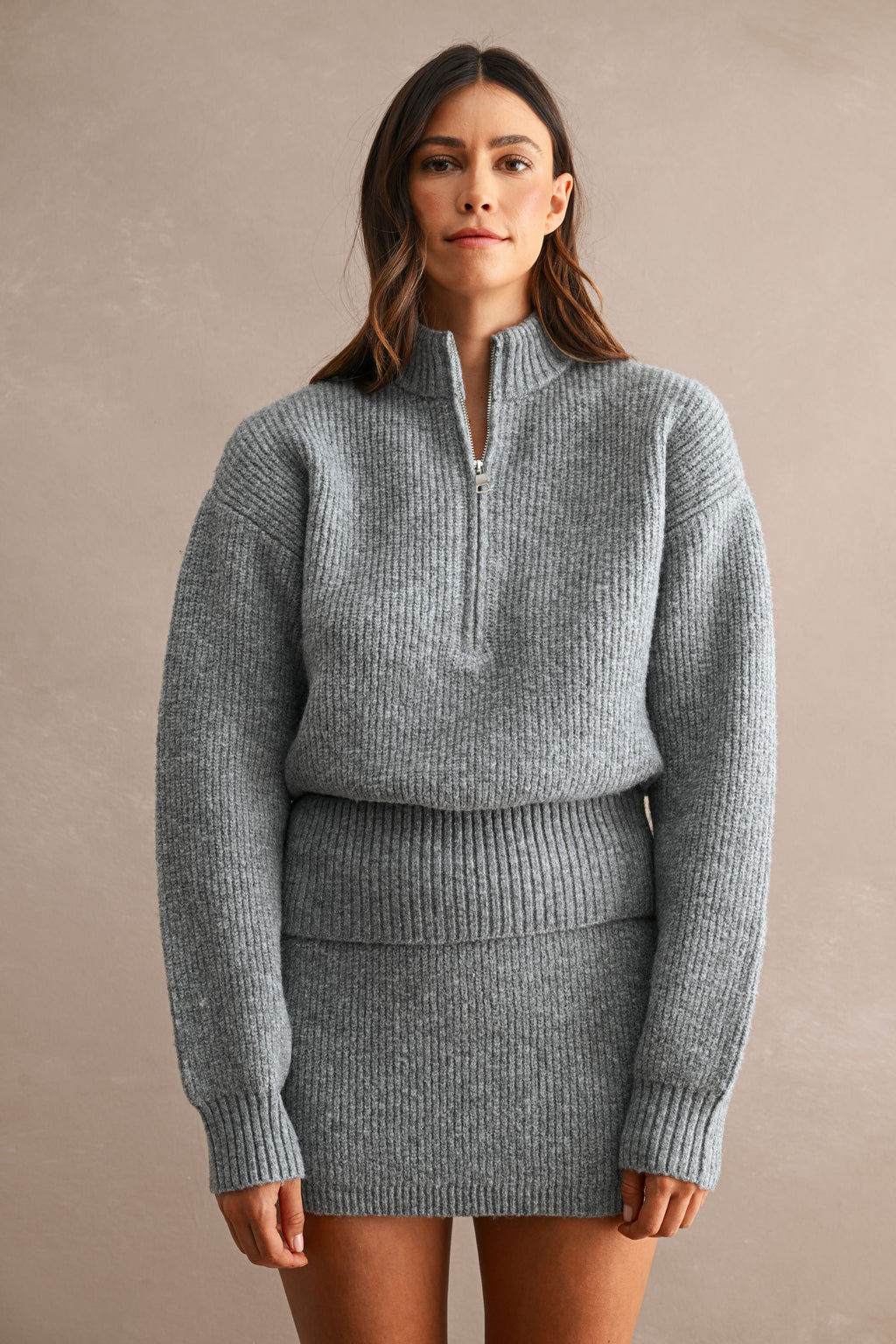 Half-Zip Sweater & Mini Skirt Set (Heather Grey)