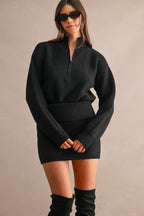Half-Zip Sweater & Mini Skirt Set (Black)