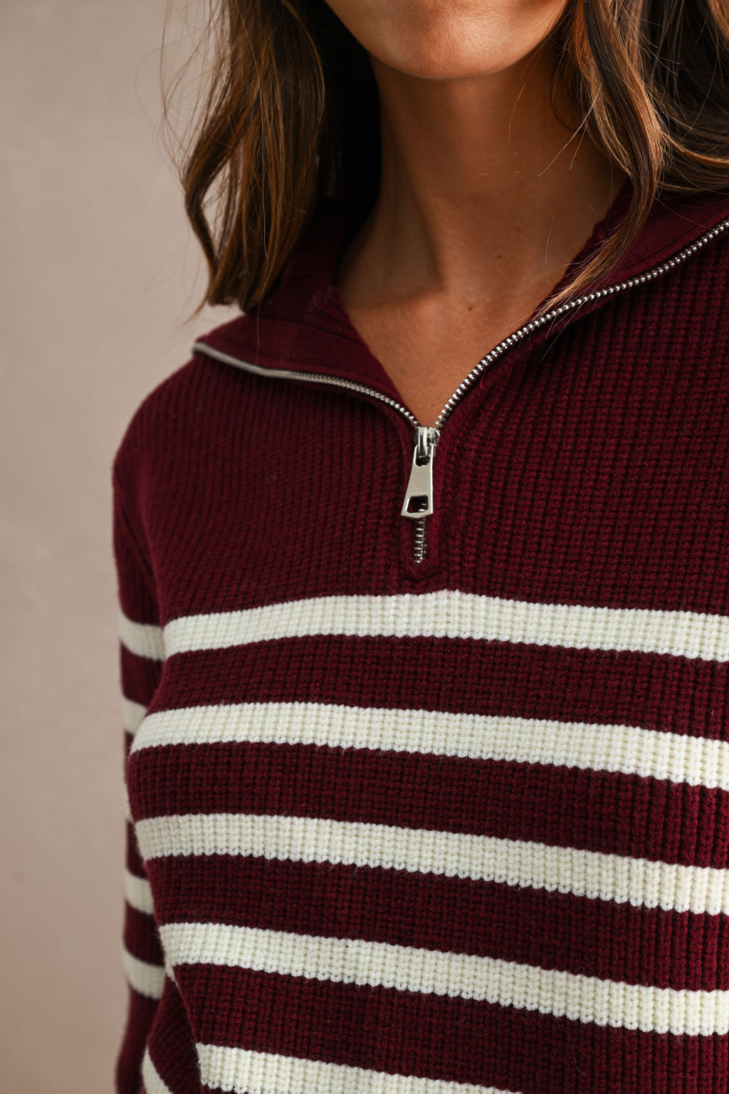 Striped Half-Zip Oversized Sailor Collar Knit Sweater Top (Burgundy/Cream)