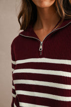 Striped Half-Zip Oversized Sailor Collar Knit Sweater Top (Burgundy/Cream)