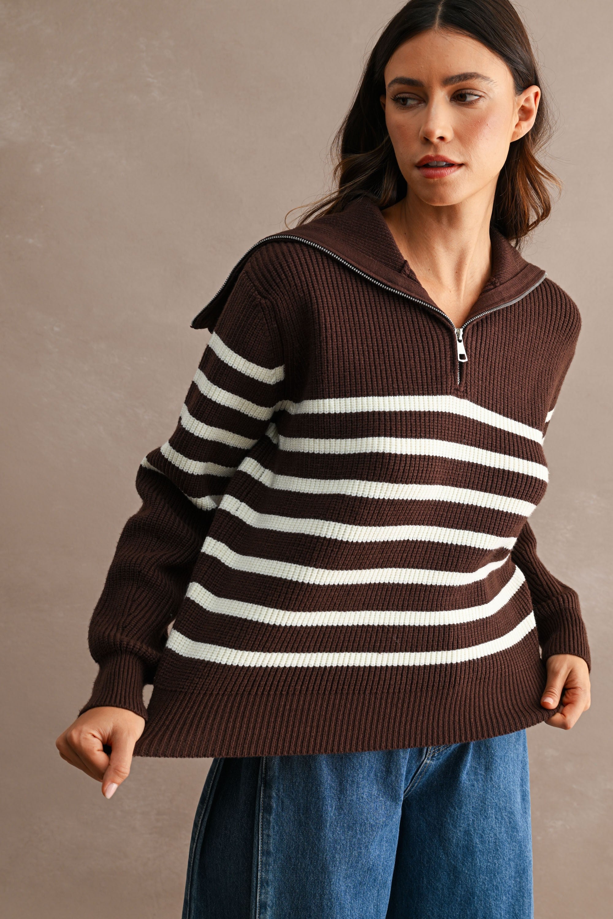 Striped Half-Zip Oversized Sailor Collar Knit Sweater Top (Brown/Cream)