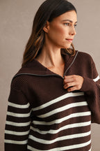 Striped Half-Zip Oversized Sailor Collar Knit Sweater Top (Brown/Cream)