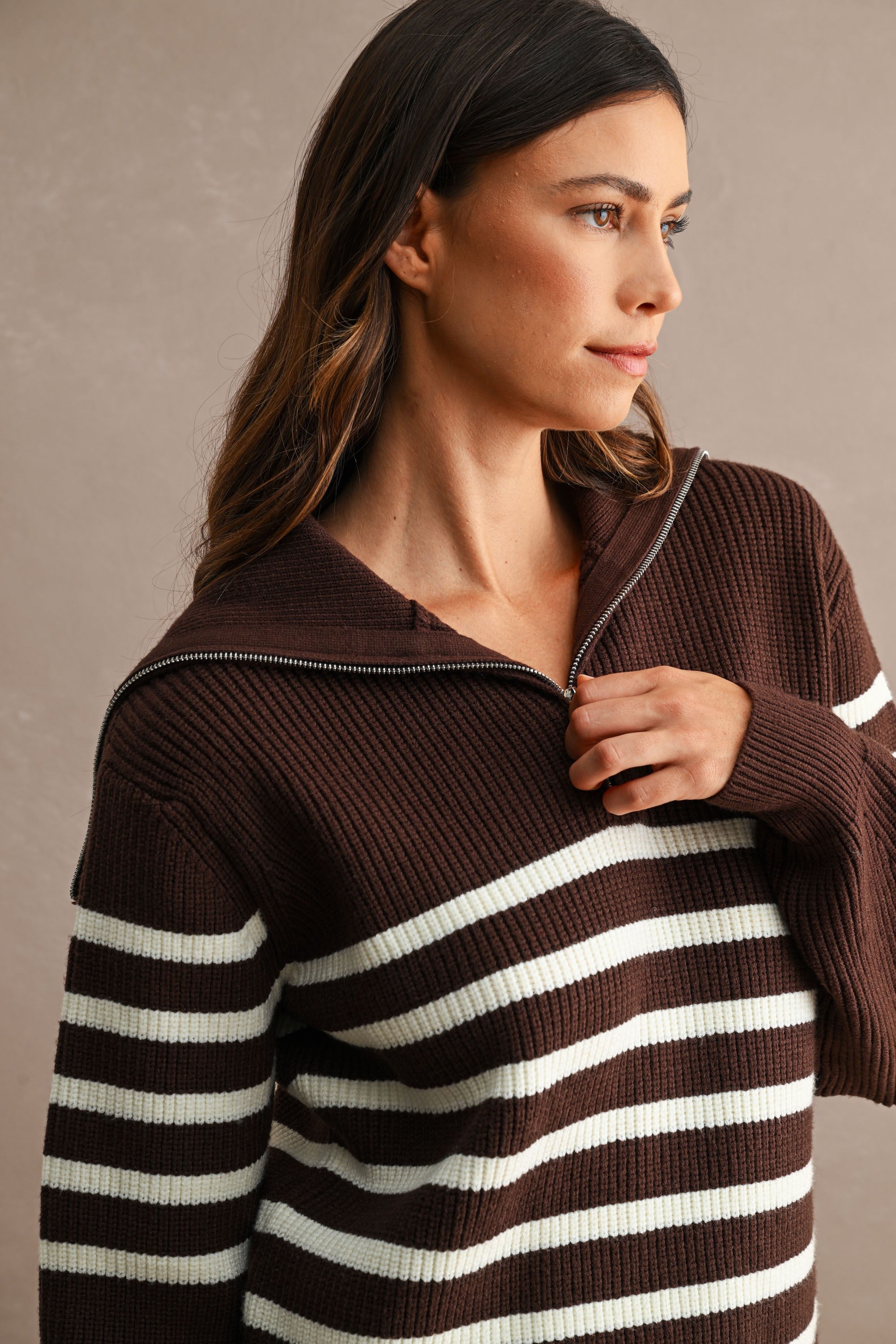 Striped Half-Zip Oversized Sailor Collar Knit Sweater Top (Brown/Cream)