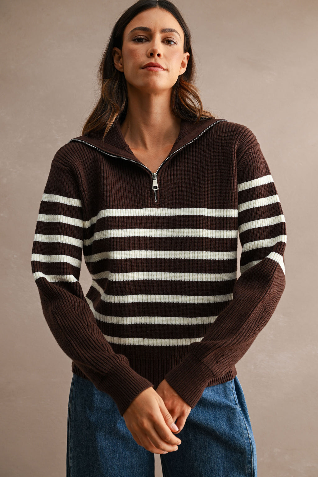Striped Half-Zip Oversized Sailor Collar Knit Sweater Top (Brown/Cream)