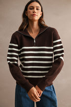 Striped Half-Zip Oversized Sailor Collar Knit Sweater Top (Brown/Cream)