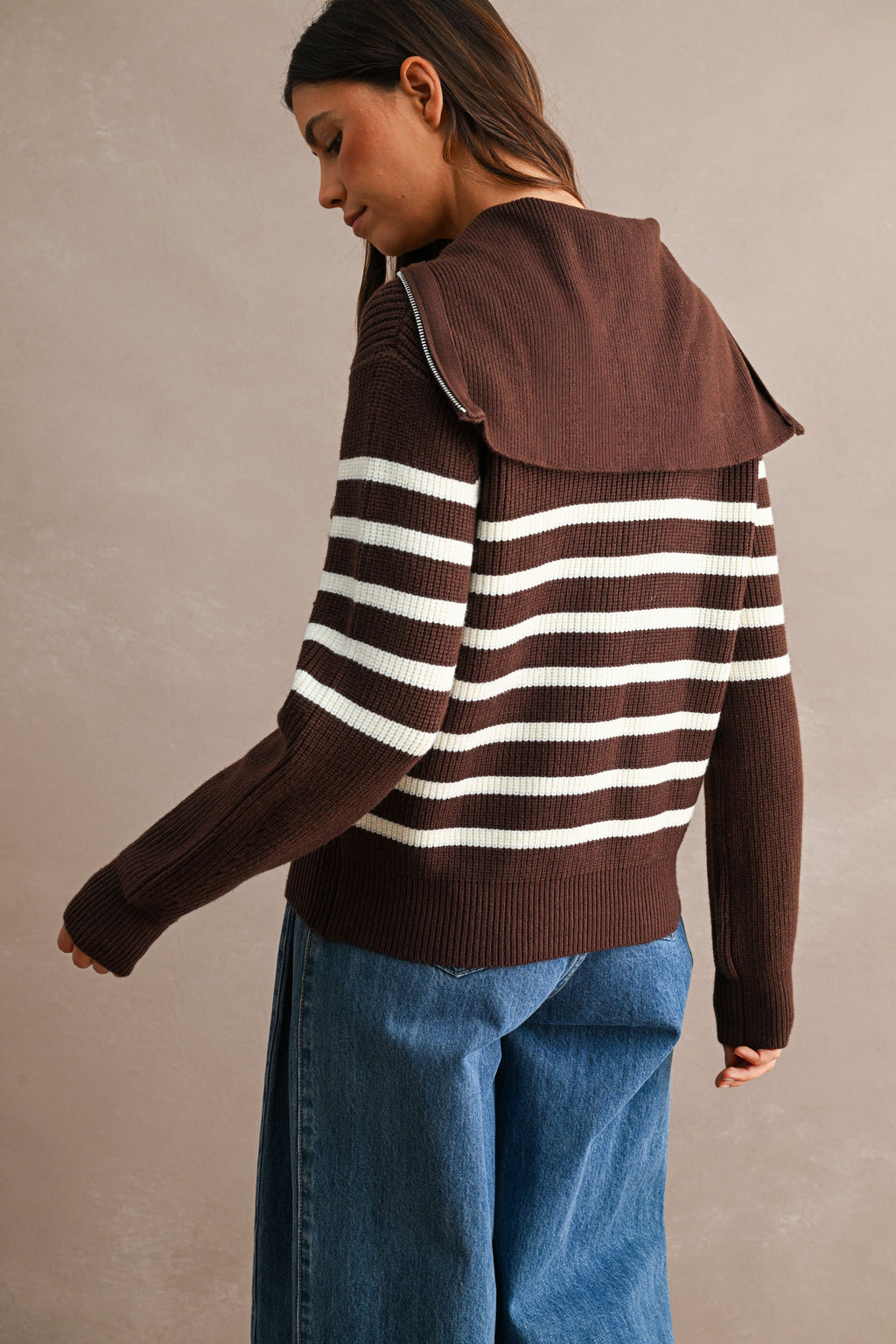 Striped Half-Zip Oversized Sailor Collar Knit Sweater Top (Brown/Cream)