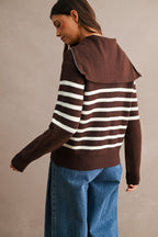 Striped Half-Zip Oversized Sailor Collar Knit Sweater Top (Brown/Cream)