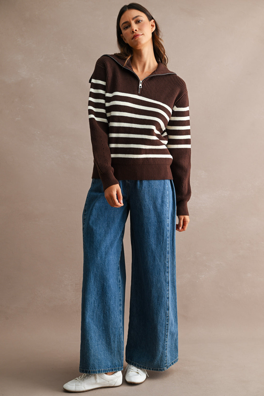 Striped Half-Zip Oversized Sailor Collar Knit Sweater Top (Brown/Cream)
