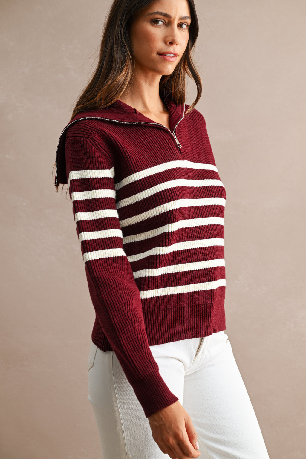 Striped Half-Zip Oversized Sailor Collar Knit Sweater Top (Burgundy/Cream)